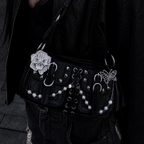 Y2K Pearl Chain Heart Shoulder Bag Handmade Punk Leather Handbag
