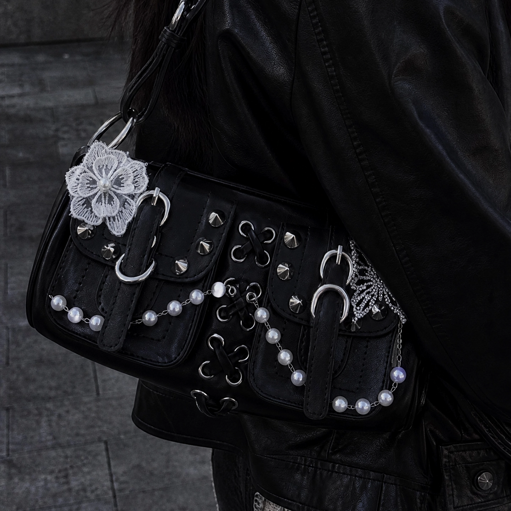 Y2K Pearl Chain Heart Shoulder Bag Handmade Punk Leather Handbag