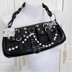 Y2K Pearl Chain Heart Shoulder Bag Handmade Punk Leather Handbag