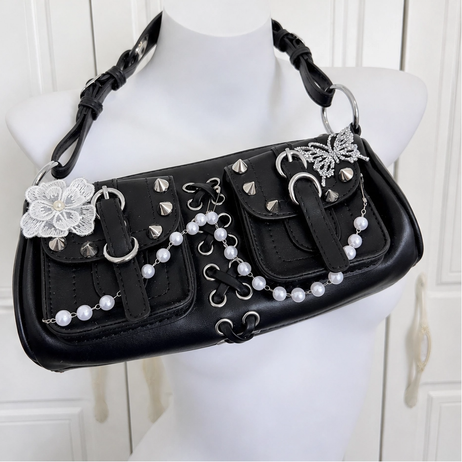 Y2K Pearl Chain Heart Shoulder Bag Handmade Punk Leather Handbag
