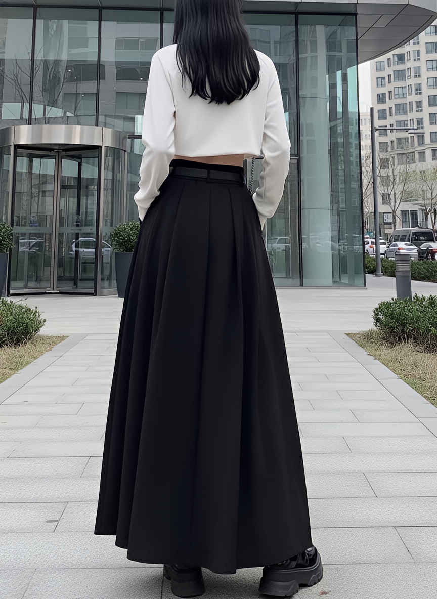Black High Waist Pleated Maxi Skirt with Belt Dark Academia Elegant Minimalist