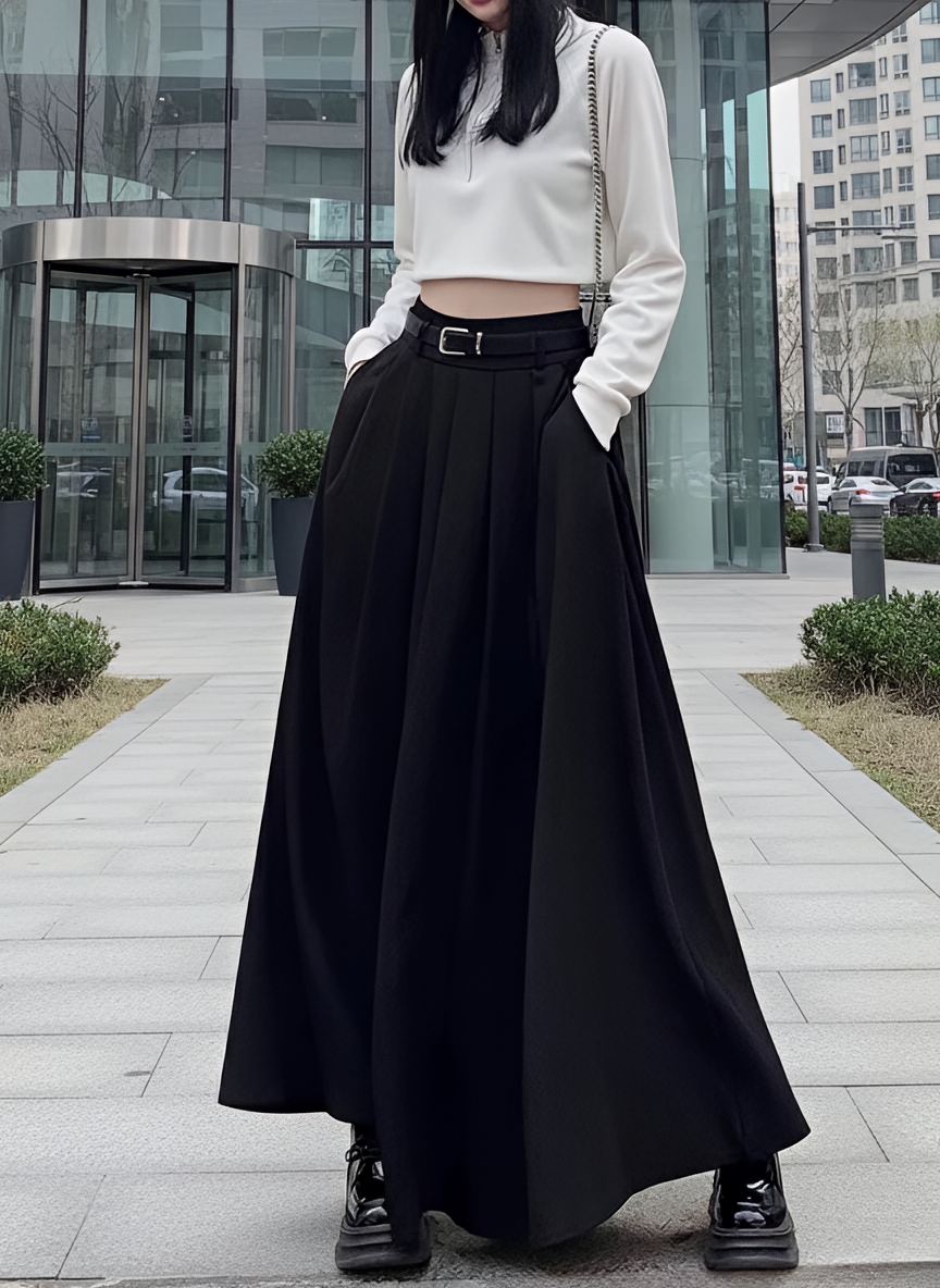 Black High Waist Pleated Maxi Skirt with Belt Dark Academia Elegant Minimalist