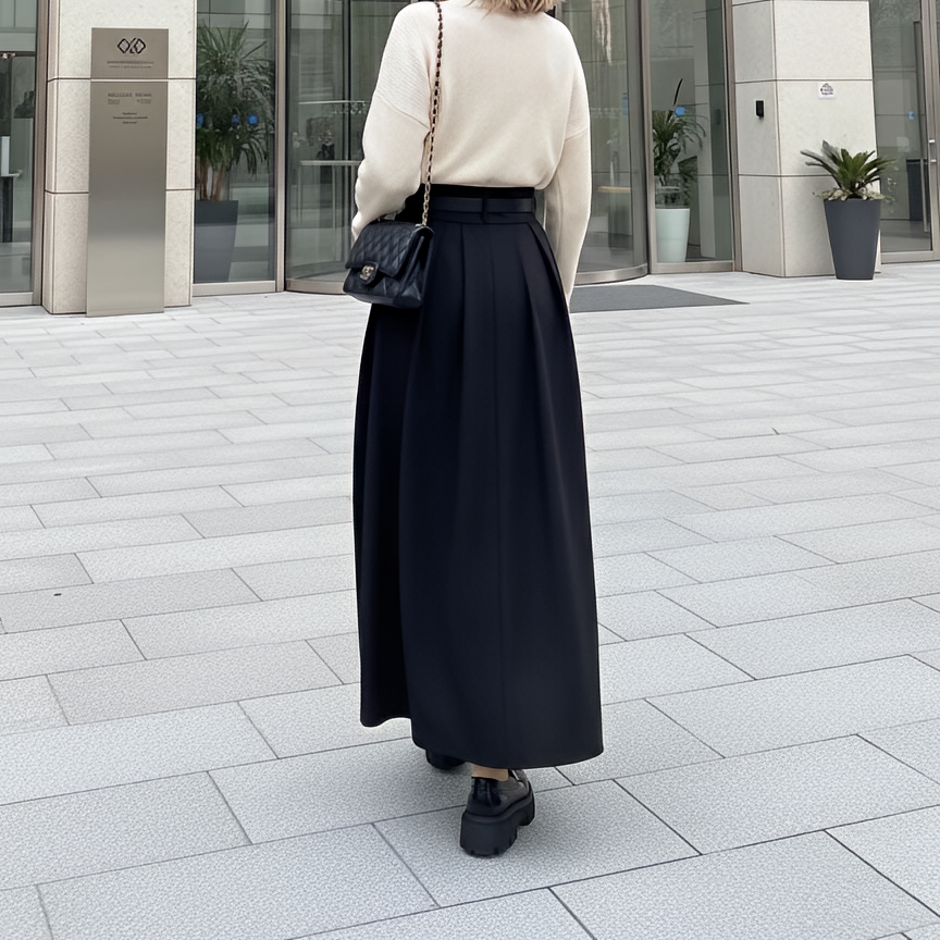Black High Waist Pleated Maxi Skirt with Belt Dark Academia Elegant Minimalist