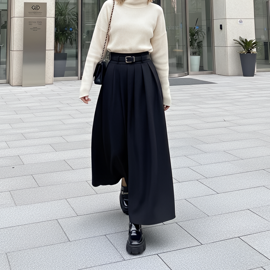 Black High Waist Pleated Maxi Skirt with Belt Dark Academia Elegant Minimalist